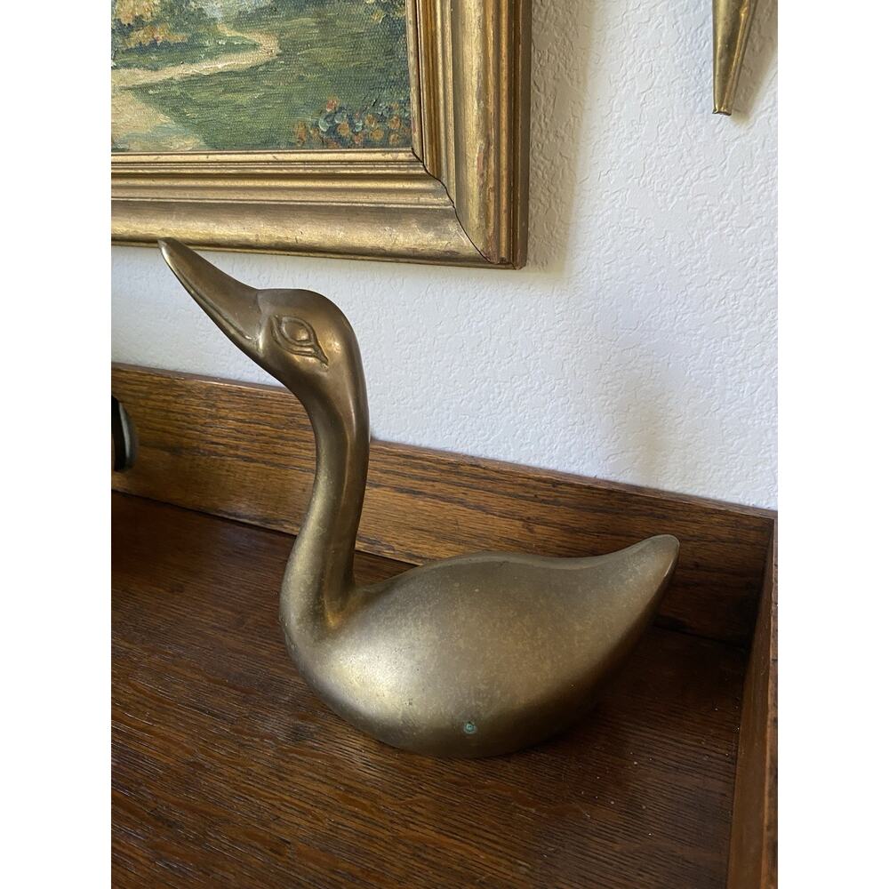 Vintage Midcentury Brass Swan Goose Figure Paperweight MCM Swan